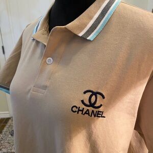 CHANEL Tan Polo Shirt with Gray and White Stripes